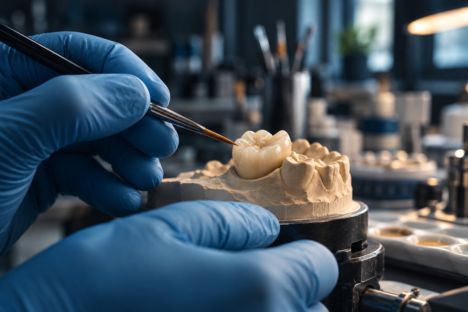 Illustrative close-up of a dental technician refining a ceramic restoration